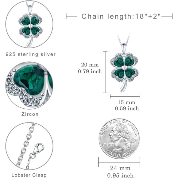Sterling Silver Four Leaf Clover Necklace with Cubic Zirconia for Women - Lucky - Picture 4 of 6